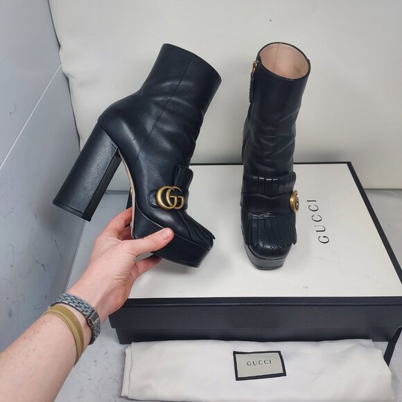 Gucci Marmont GG Fringe Black Leather Platform Boot - Picture 1 of 12